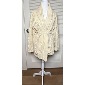 Ladies View Aran Cable Knit Belted Sweater Coat Ivory Wool L NWT
